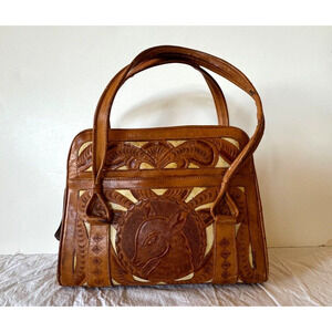 Vintage Western Leather Tooled Purse Handbag Horse Mexico Hippie Boho Medium